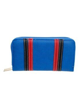 Blue Striped Faux Leather Double Zipper Wallet Wristlet - 7.5 x 4 x 1.5 Inches